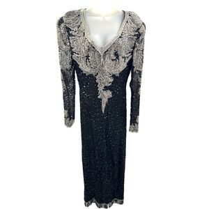 Vintage Fully Beaded Black Silver Evening Gown XL 14 Sequin Long Dress A…
